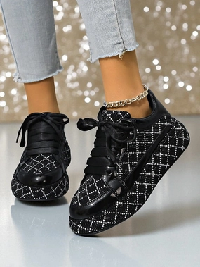 Movie Sneakers - Women's Quilted Silver Rhinestone Black and Sneakers