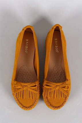 Open Flat Shoes Bamboo Suede Bow Fringe Slip On Moccasin Flat