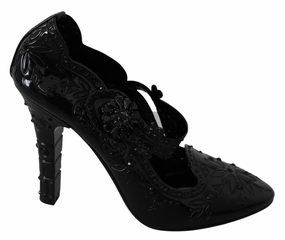 Handmade Leather Sandals Black Floral Crystal CINDERELLA Heels Shoes