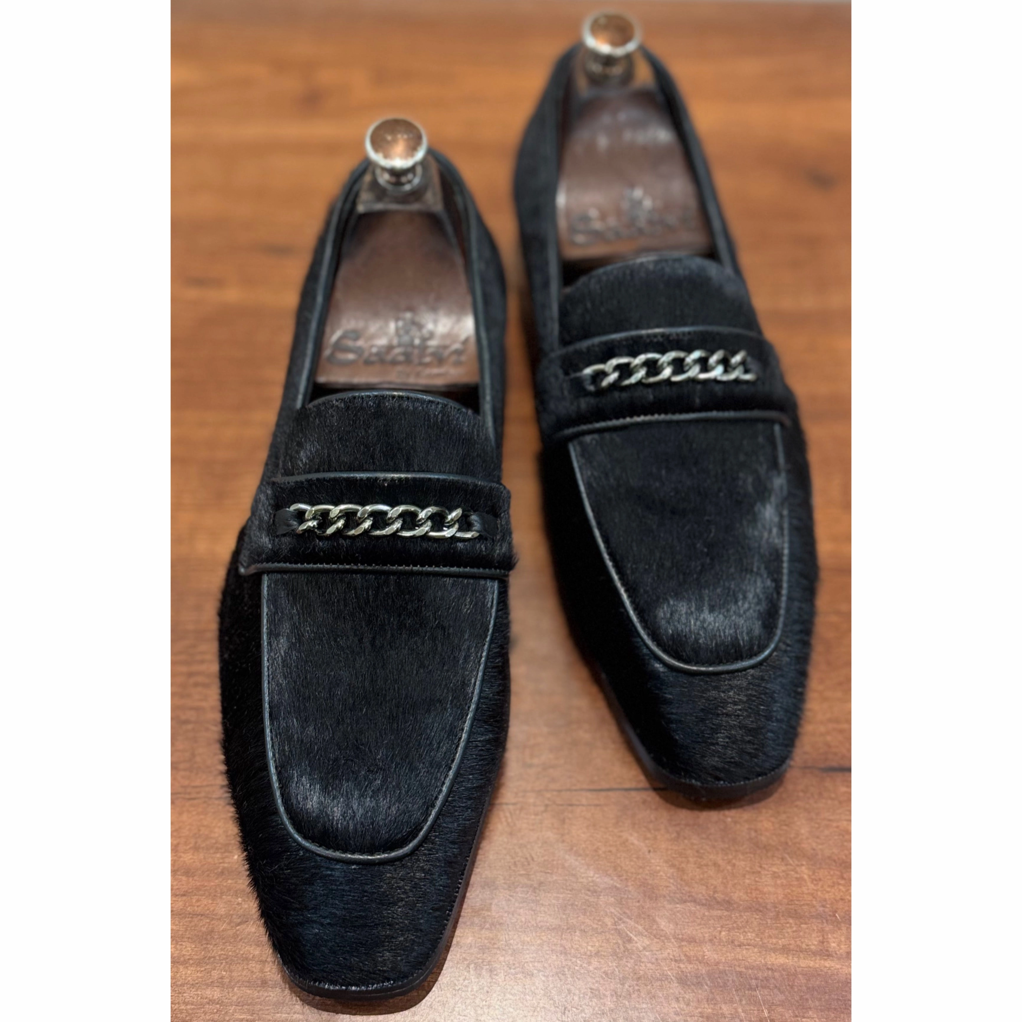 Loafers Shoes Leather Black Hairon Loafers With Chain