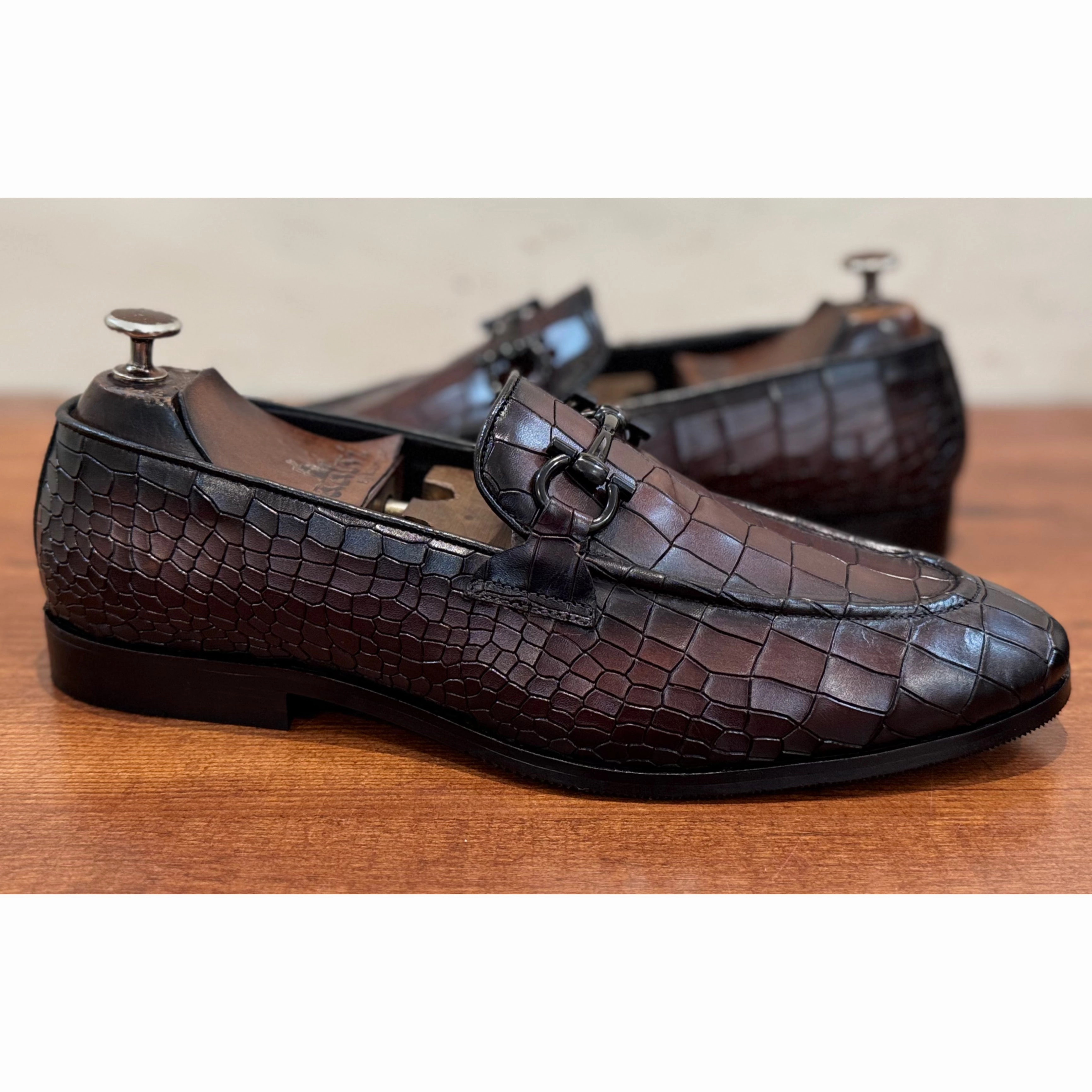 Brown Croco Loafers Black Buckle Tux Loafers