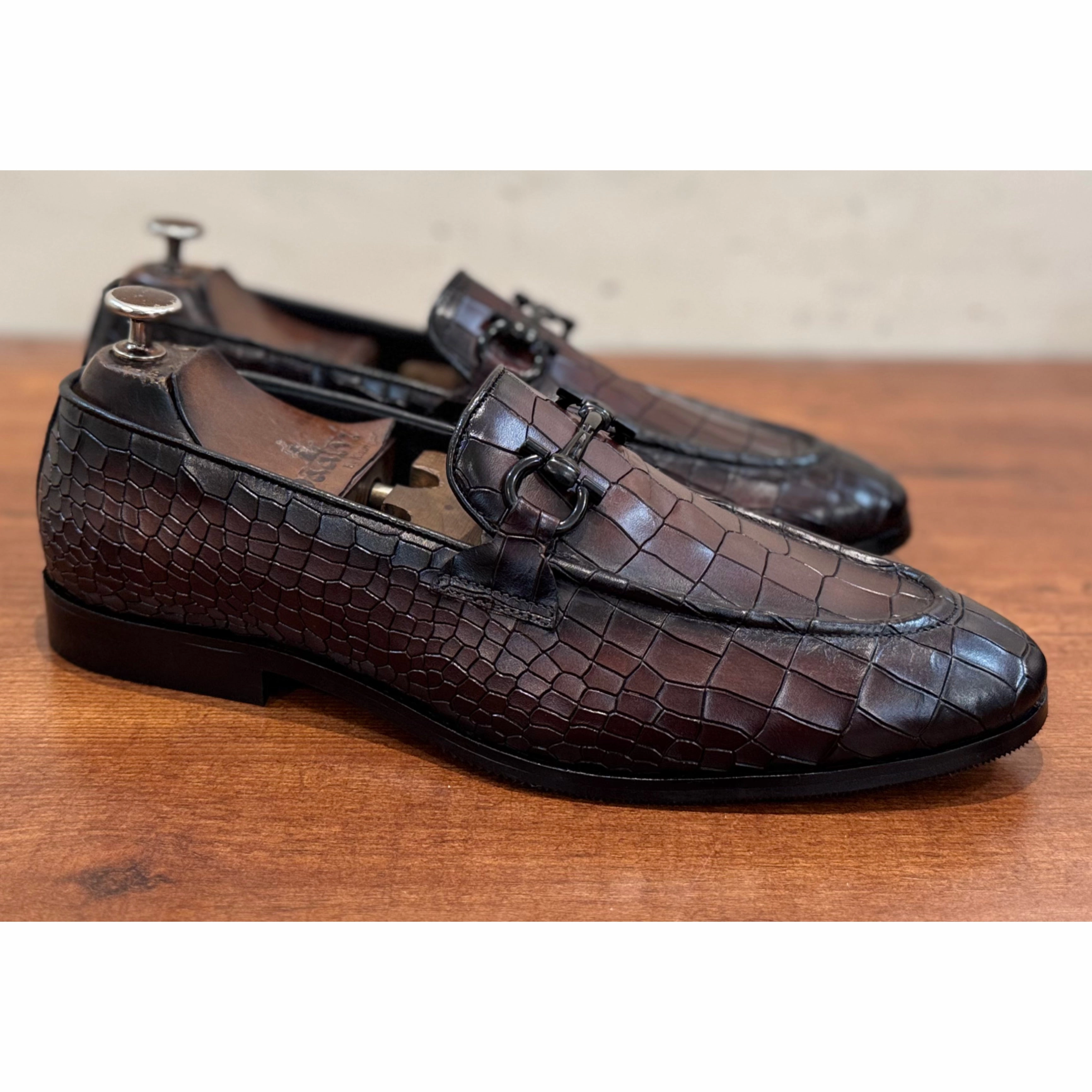 Pointed Loafers Brown Croco Loafers Black Buckle