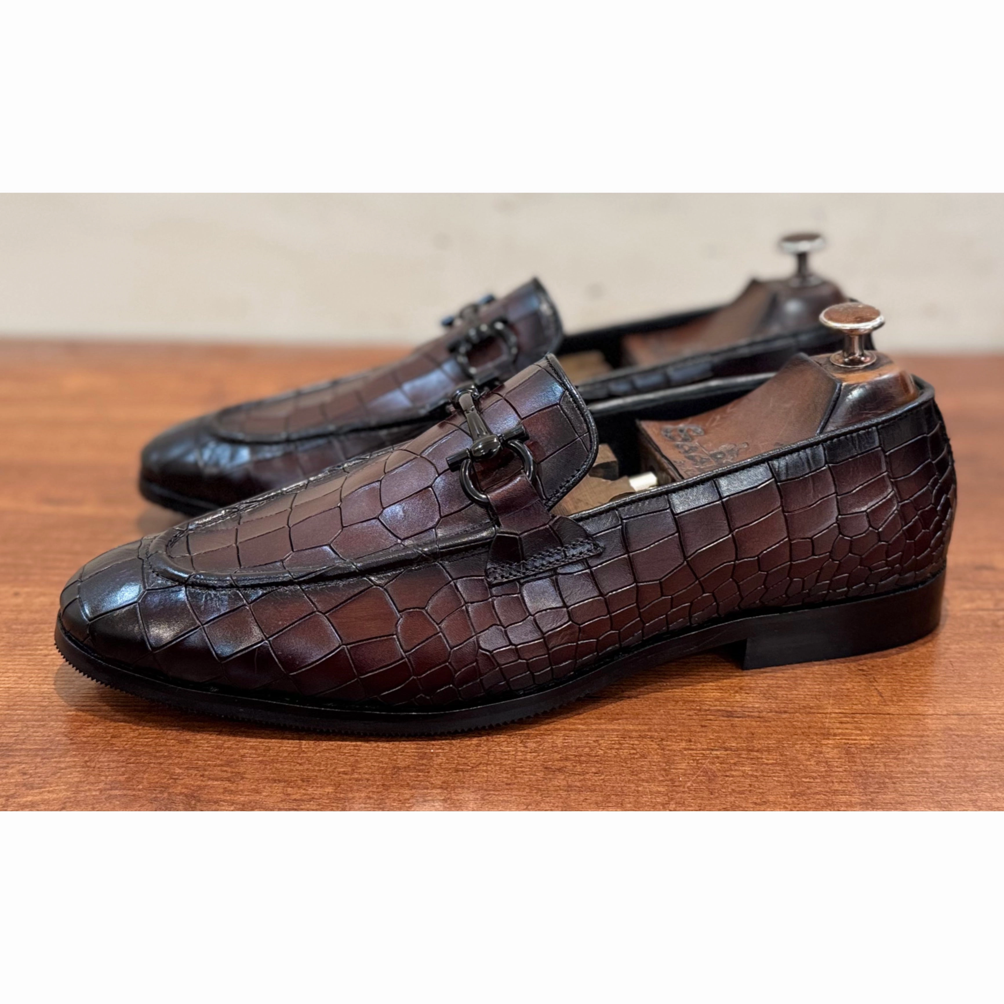 Suede Slip On Loafers Brown Croco Loafers Black Buckle