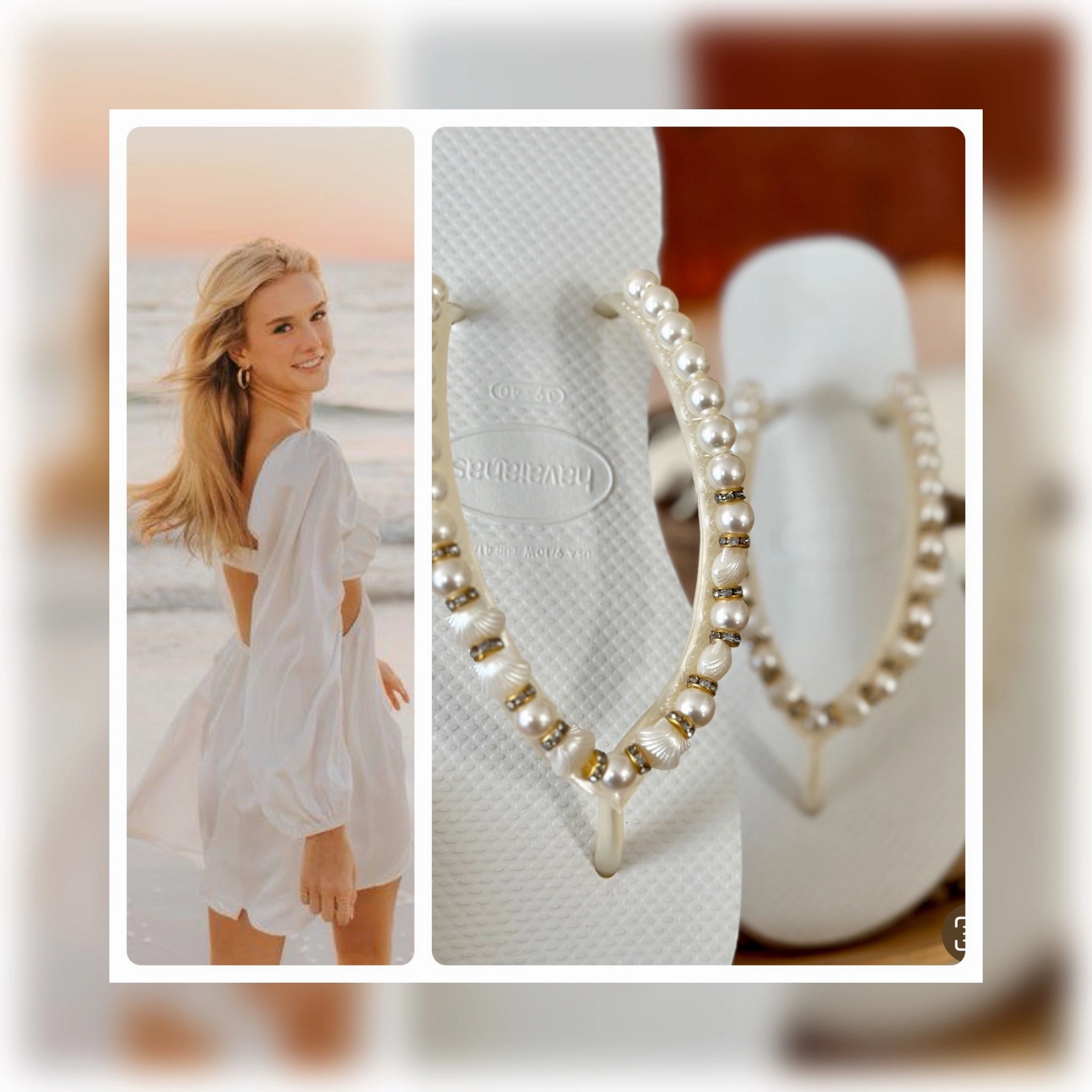 Beach Wedding Flip Flop Shell Pearl Handmade Sandal White Sole Lightweight Summer Coastal Bride Look Elegant Seaside Ocean Inspired Dirty Flip Flops