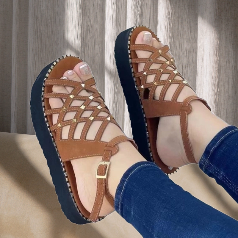 Flat Sparkle Sandals Women Retro Thick-Bottomed Wedge Cross Straps Hollowed PU Sandals