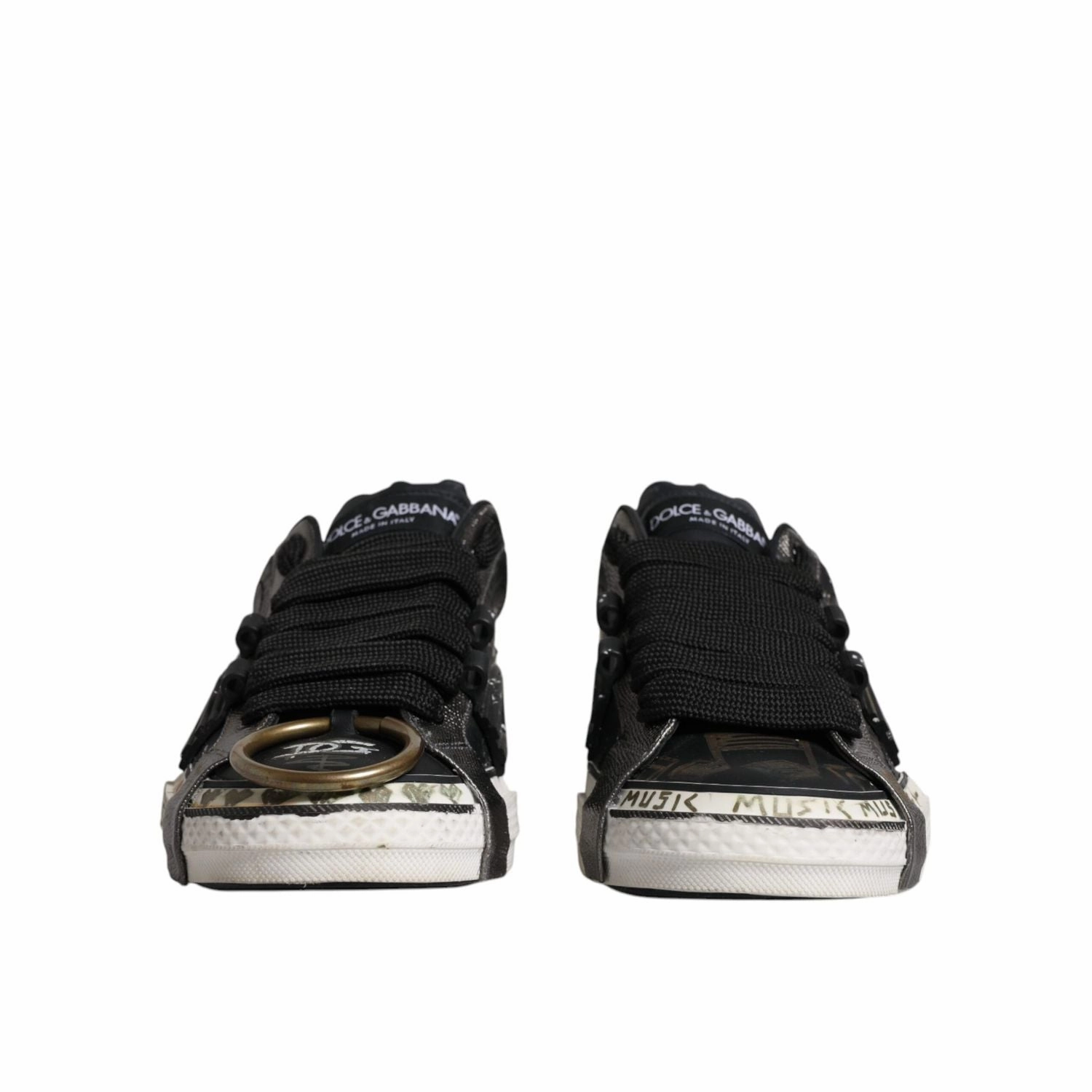 Dolce & Gabbana Black White Portofino Low Top Sneakers Shoes Slip On Wedge Sneakers