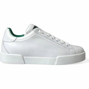 Dolce & Gabbana White Green Leather Portofino Sneakers Shoes Cat Face Flat Shoes