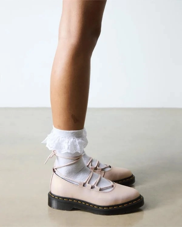 Dr. Martens Elphie II Lace Up Shoe - Powder Pink/Gold Shift Leather Best Flat Shoes For Gym