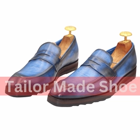 Tan Heeled Loafers Men's Handcrafted Blue Leather Loafers  Smart Casual Style ustom-Made Blue Leather Loafers  Penny Strap Design
