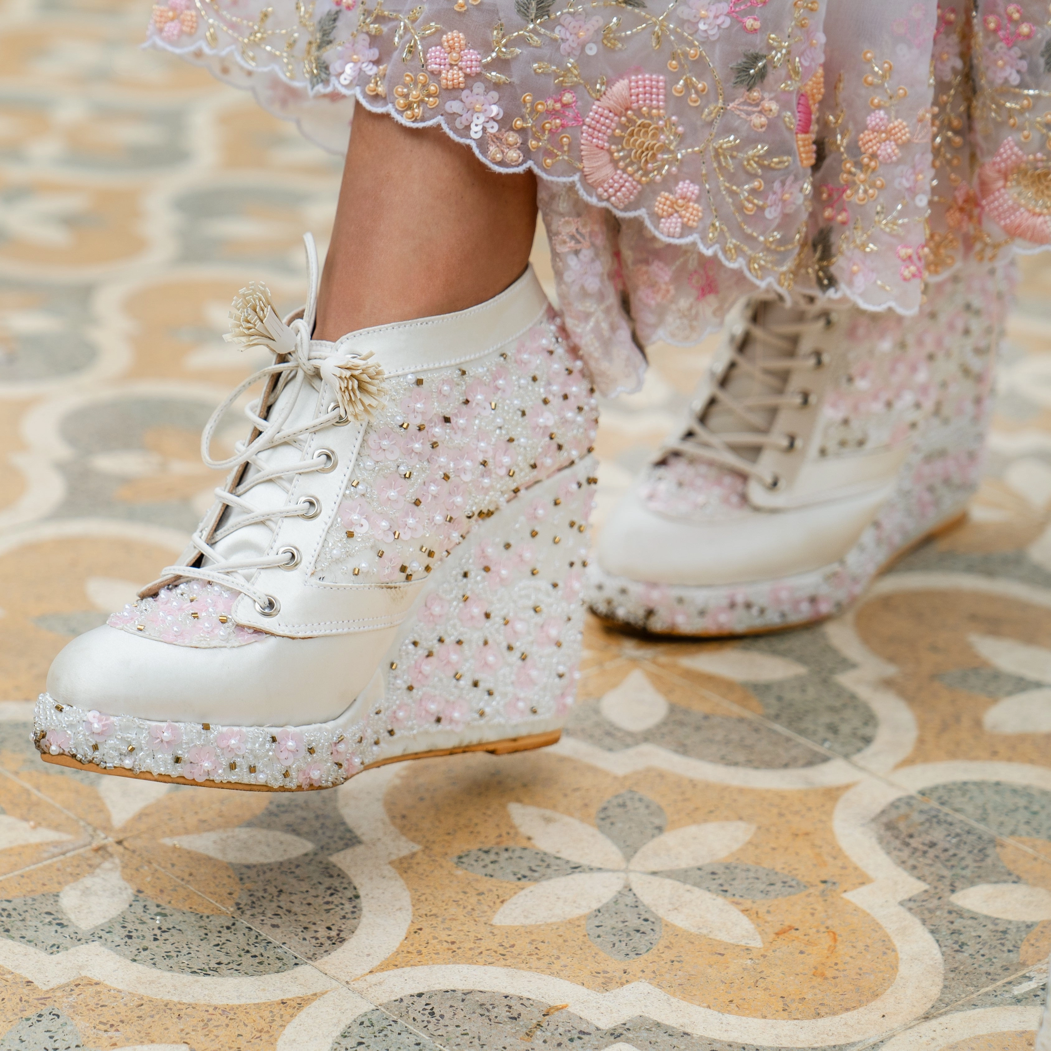 White with Pink flowers embroidered Sneaker Wedges | Tiesta Sneakers For Arthritis