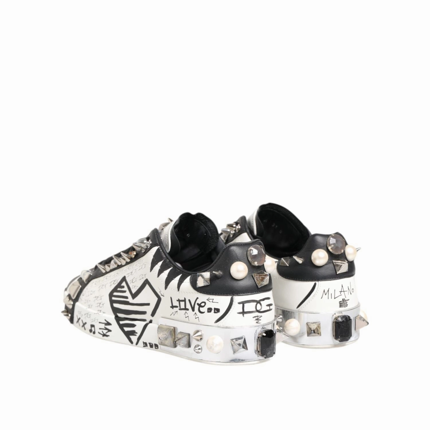 Dolce & Gabbana White Studded Printed Low Top Sneakers Shoes Office Sneakers
