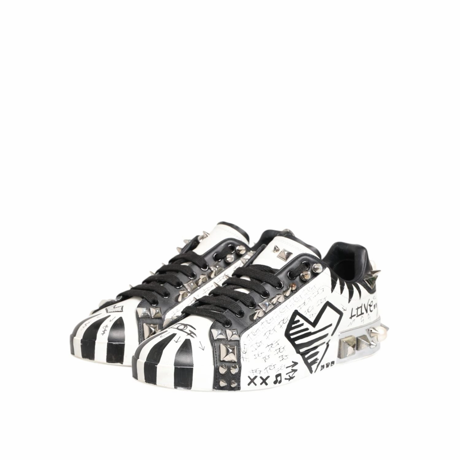Dolce & Gabbana White Studded Printed Low Top Sneakers Shoes Sneakers Grand Court Sneakers