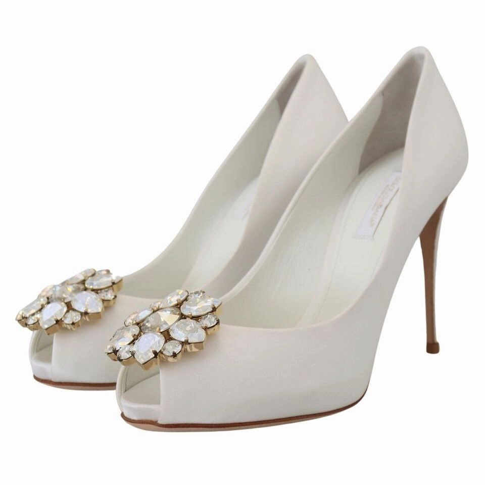 B.o.c. Sandals Dolce & Gabbana White Crystals Peep Toe Heel Satin Pumps