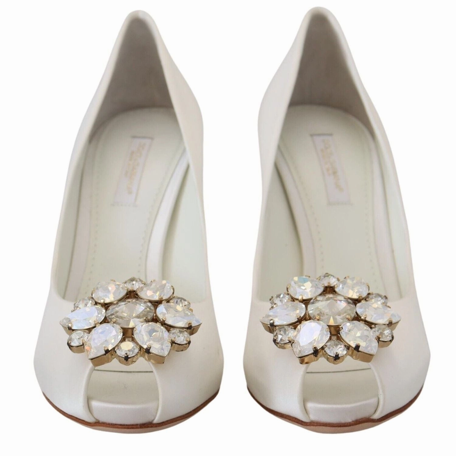 Dolce & Gabbana White Crystals Peep Toe Heel Satin Pumps Sandals Stylish