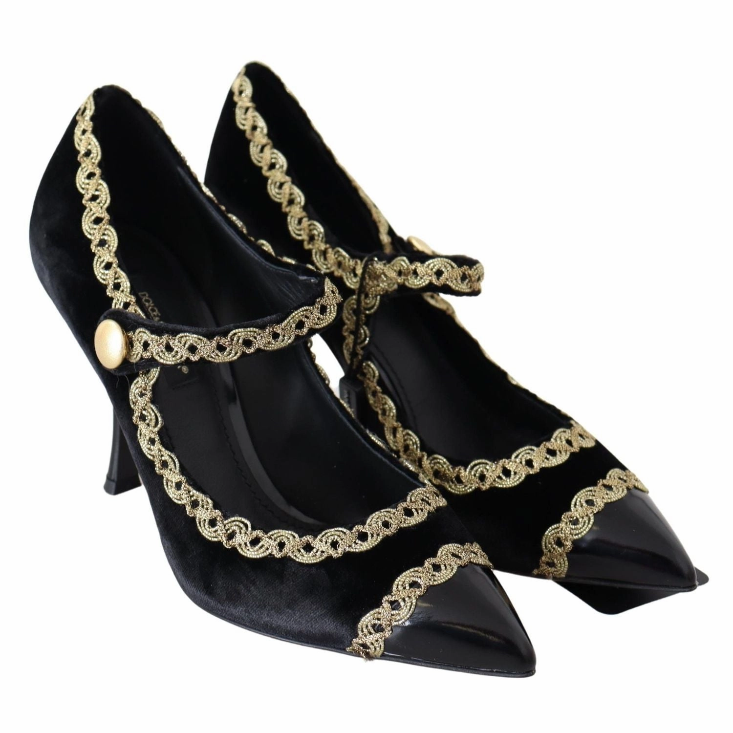 Dolce & Gabbana Black Velvet Gold Mary Janes Pumps Birkenstock Sandals Nearby