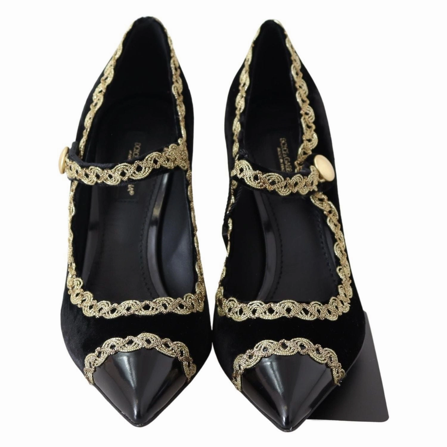 Dolce & Gabbana Black Velvet Gold Mary Janes Pumps Italia