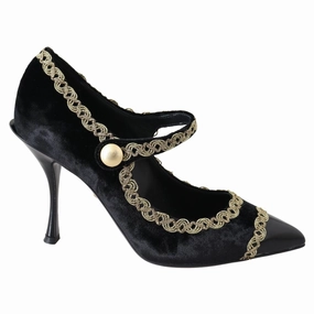 Dolce & Gabbana Black Velvet Gold Mary Janes Pumps Slipper Sandals