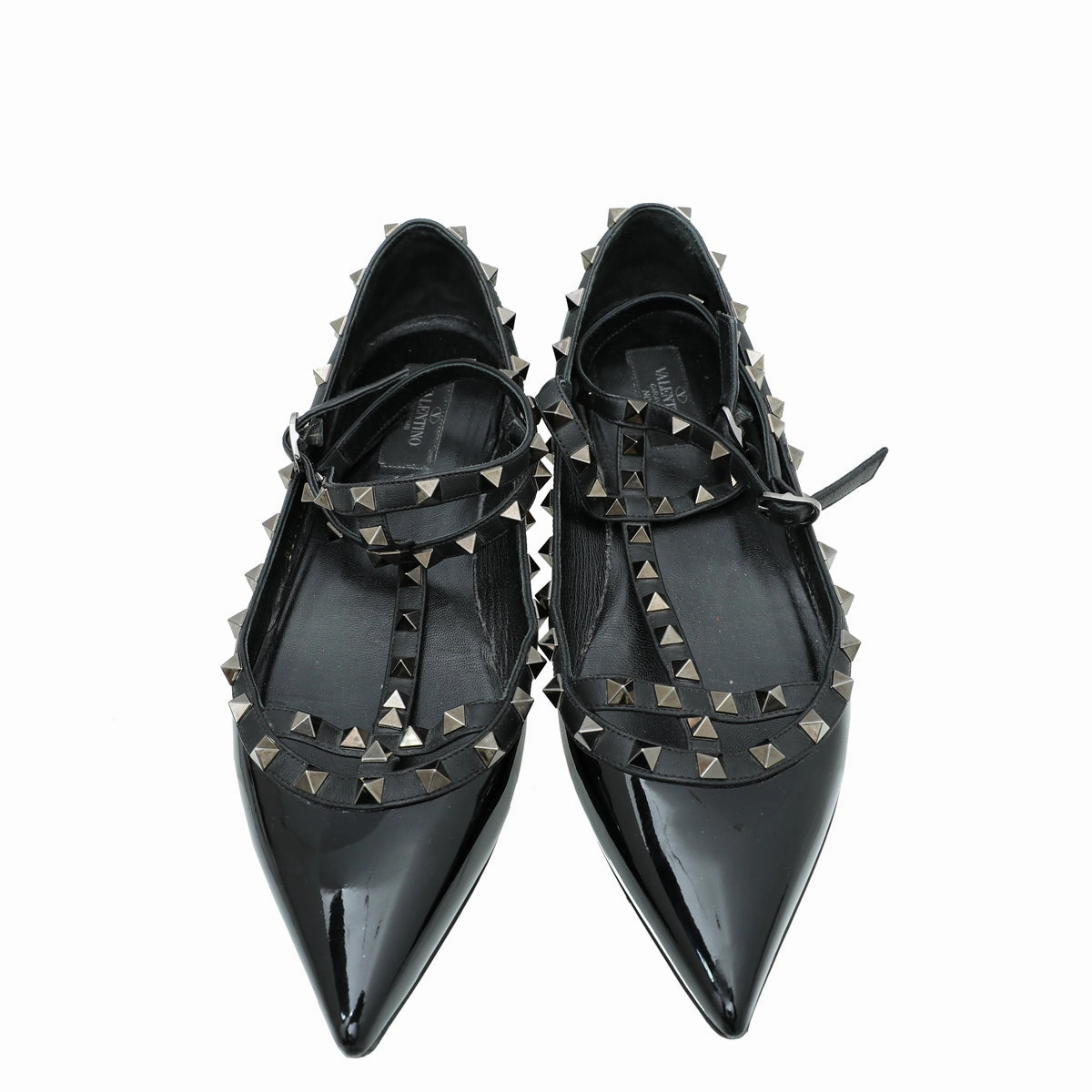 Valentino Black Rockstud Caged Ankle Strap Flat Ballerina 41 Toe Square Flat Office Shoes