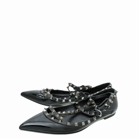 Valentino Black Rockstud Caged Ankle Strap Flat Ballerina 41 Court Shoes For Flat Feet