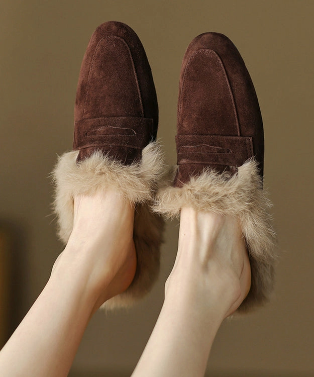 Winter Sock Slippers French Brown Suede Splicing Slippers Shoes Fuzzy Wool Lined YC011