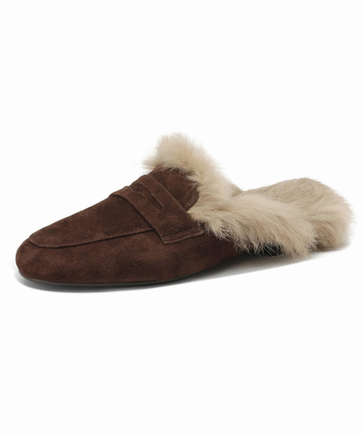 French Brown Suede Splicing Slippers Shoes Fuzzy Wool Lined YC011 Slippers Wool