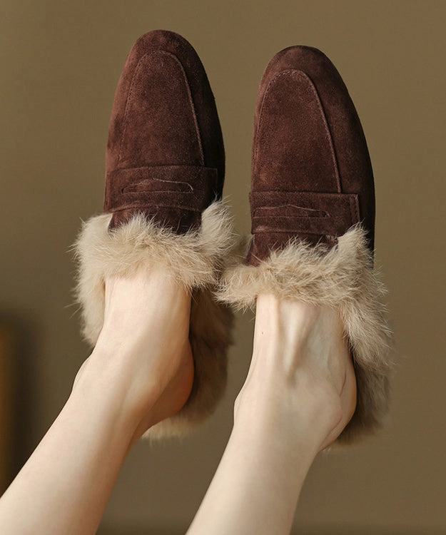 Ugg Boucle Slippers French Brown Suede Splicing Slippers Shoes Fuzzy Wool Lined YC011