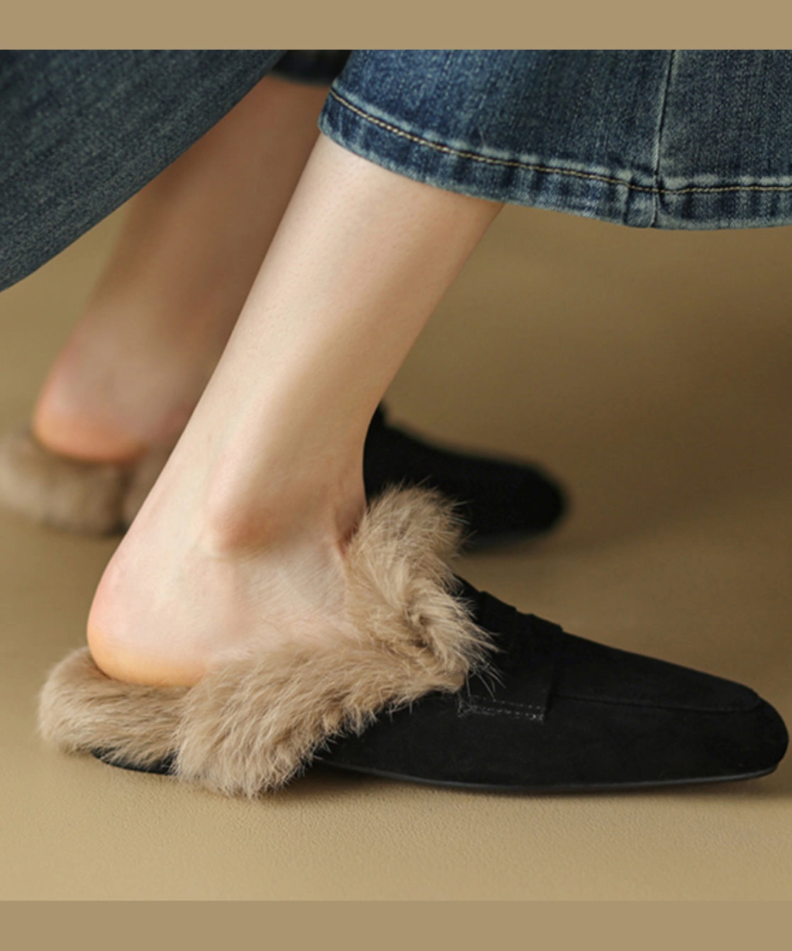 French Brown Suede Splicing Slippers Shoes Fuzzy Wool Lined YC011 Velvet Chinese Slippers