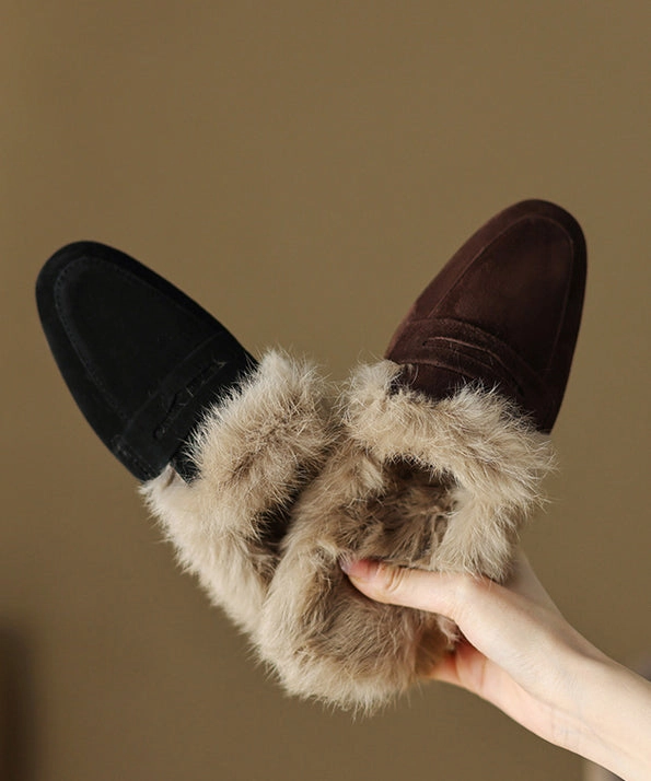 French Brown Suede Splicing Slippers Shoes Fuzzy Wool Lined YC011 Hello Slippers Review