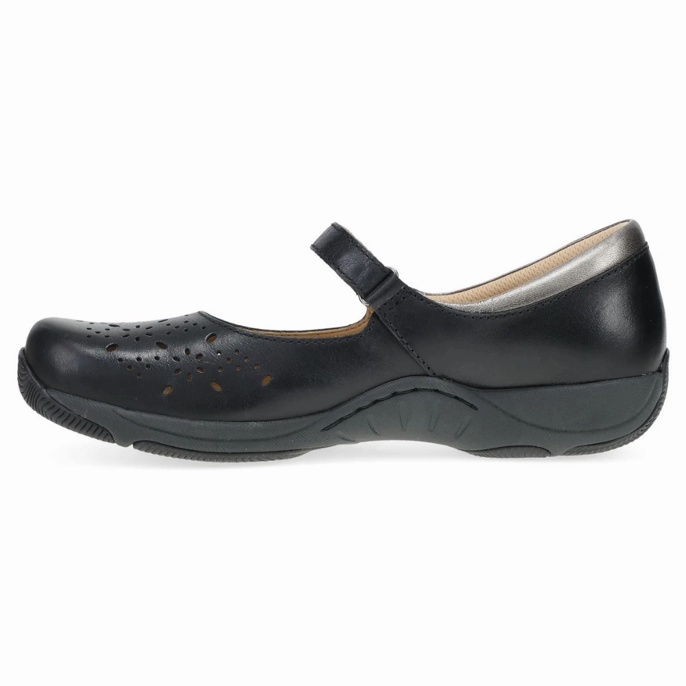 Orange Flats Shoes Dansko Stacy Black Waxy Burnished Leather Mary Jane (Women's)