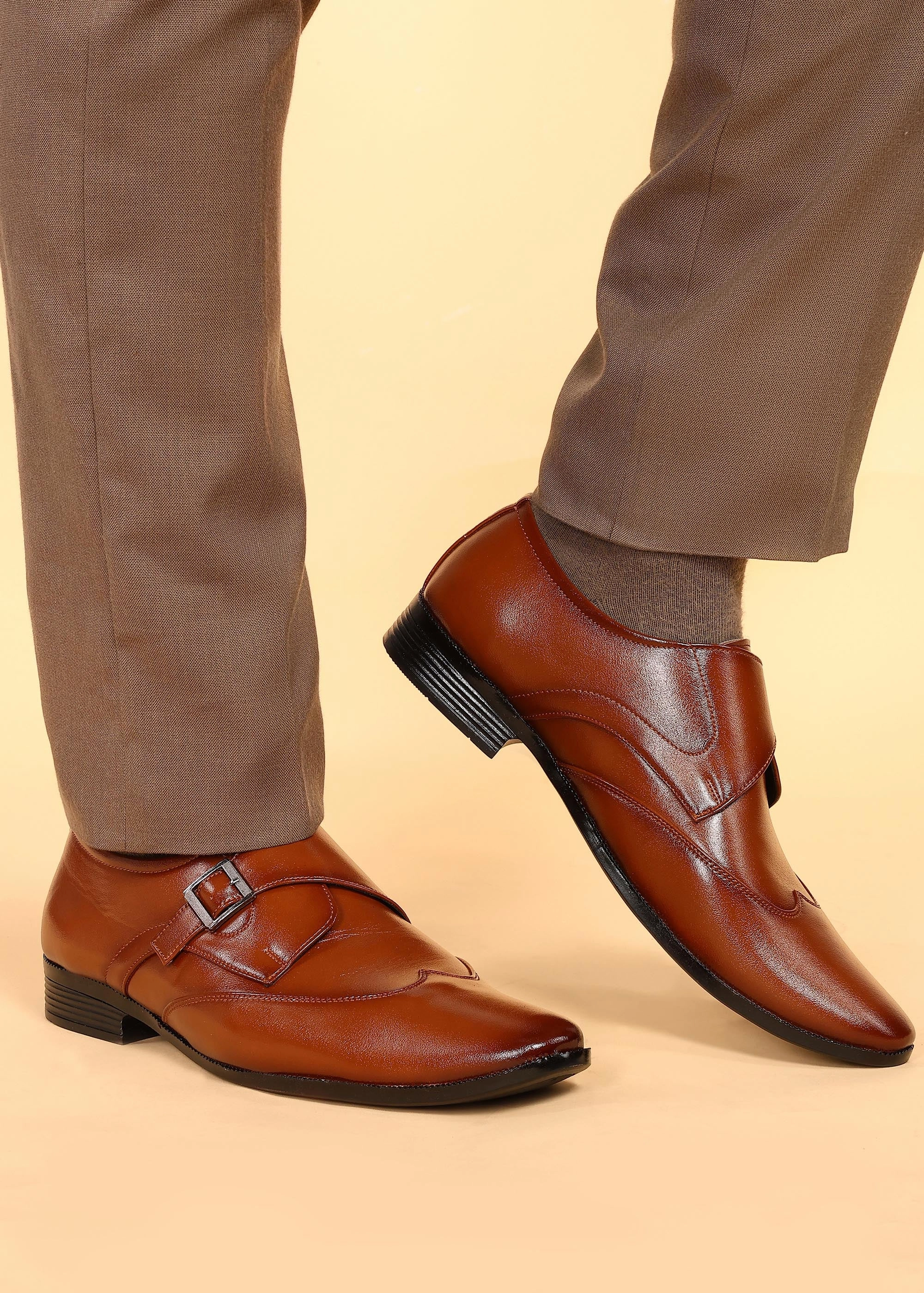 Paragon Men's Tan Formal Shoes with Buckle| Durable & Sturdy for Outdoor Wear Race Shoes For Flat Feet