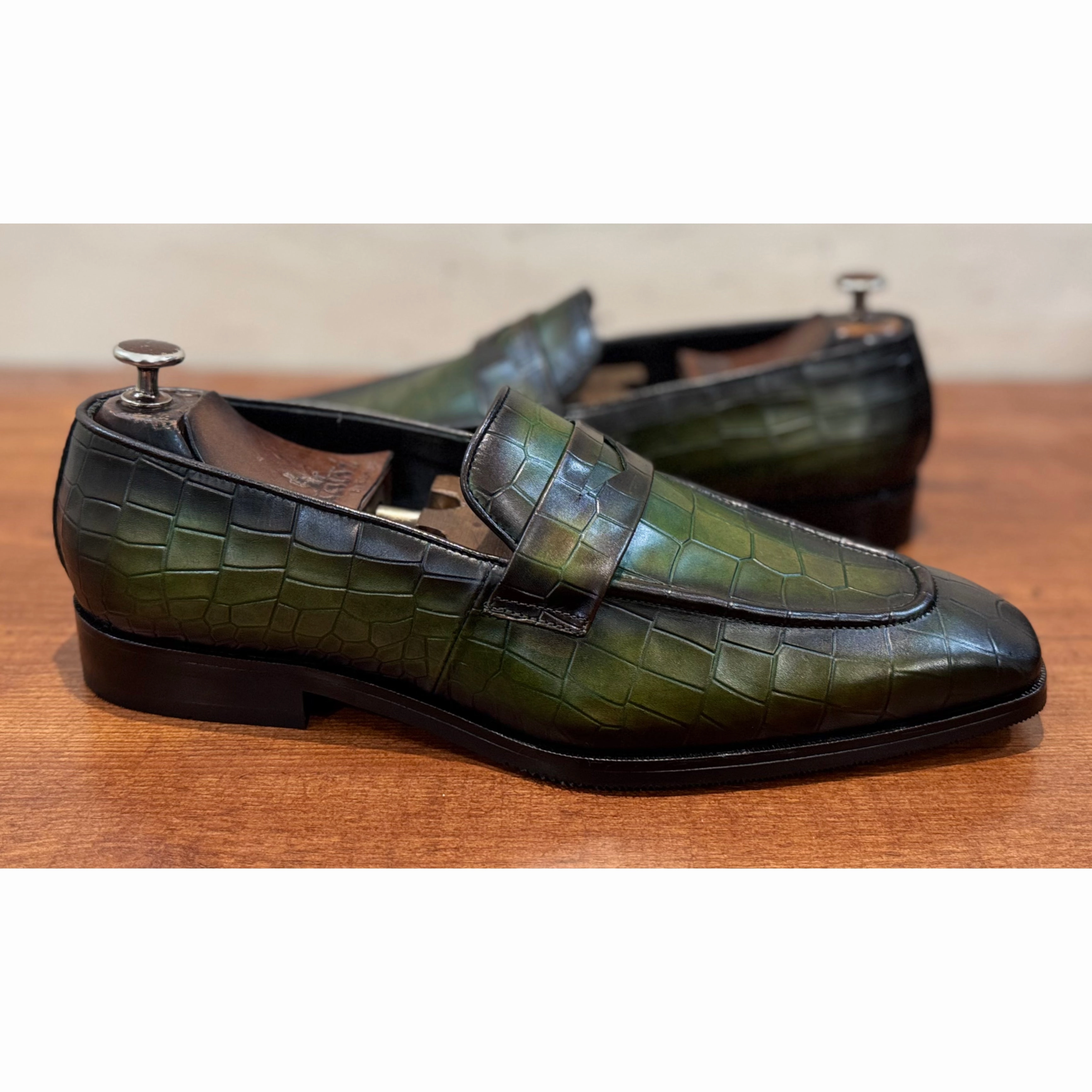 Green Hand Patina Penny Loafers Suede Loafers Sale