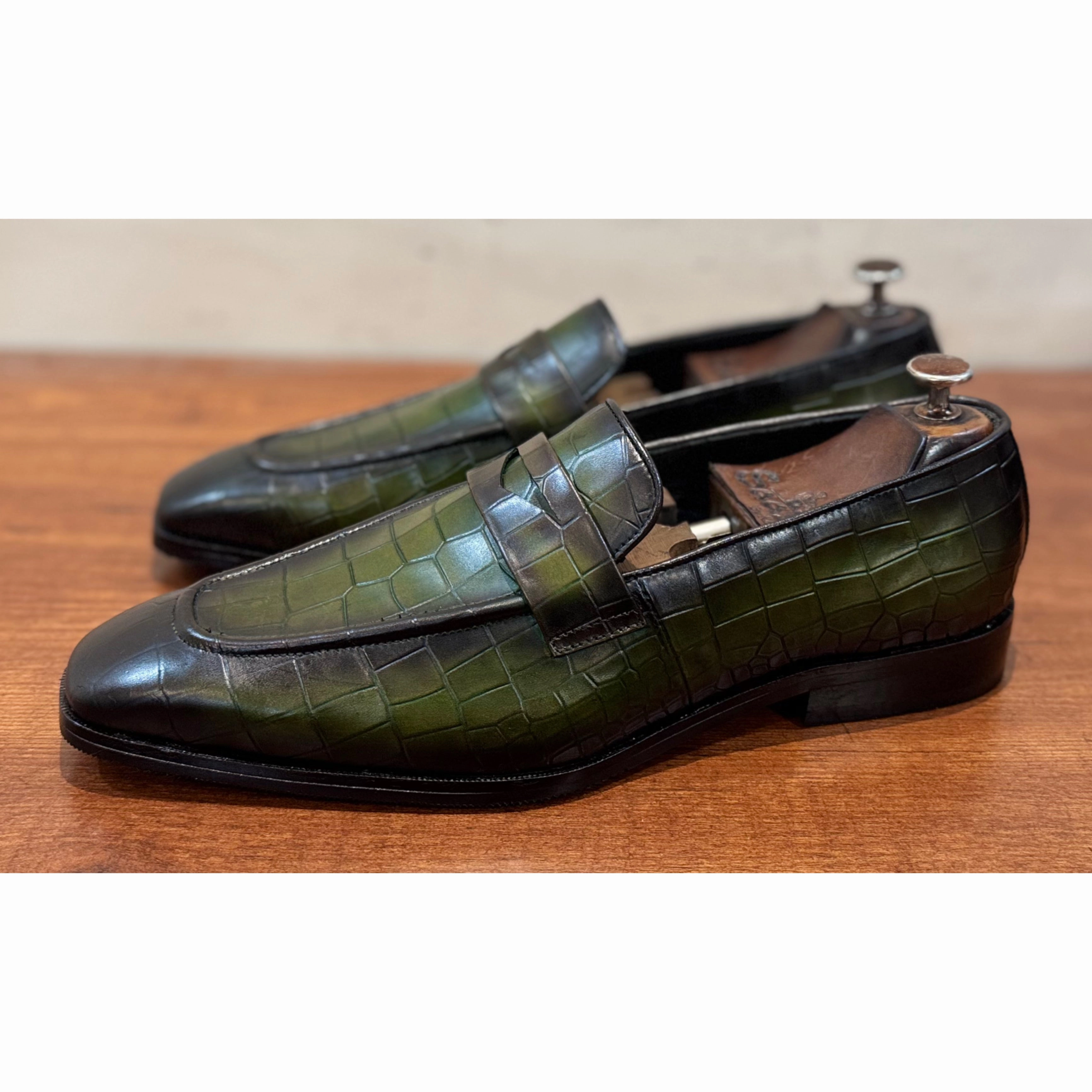Loafers Outfit Green Hand Patina Penny Loafers