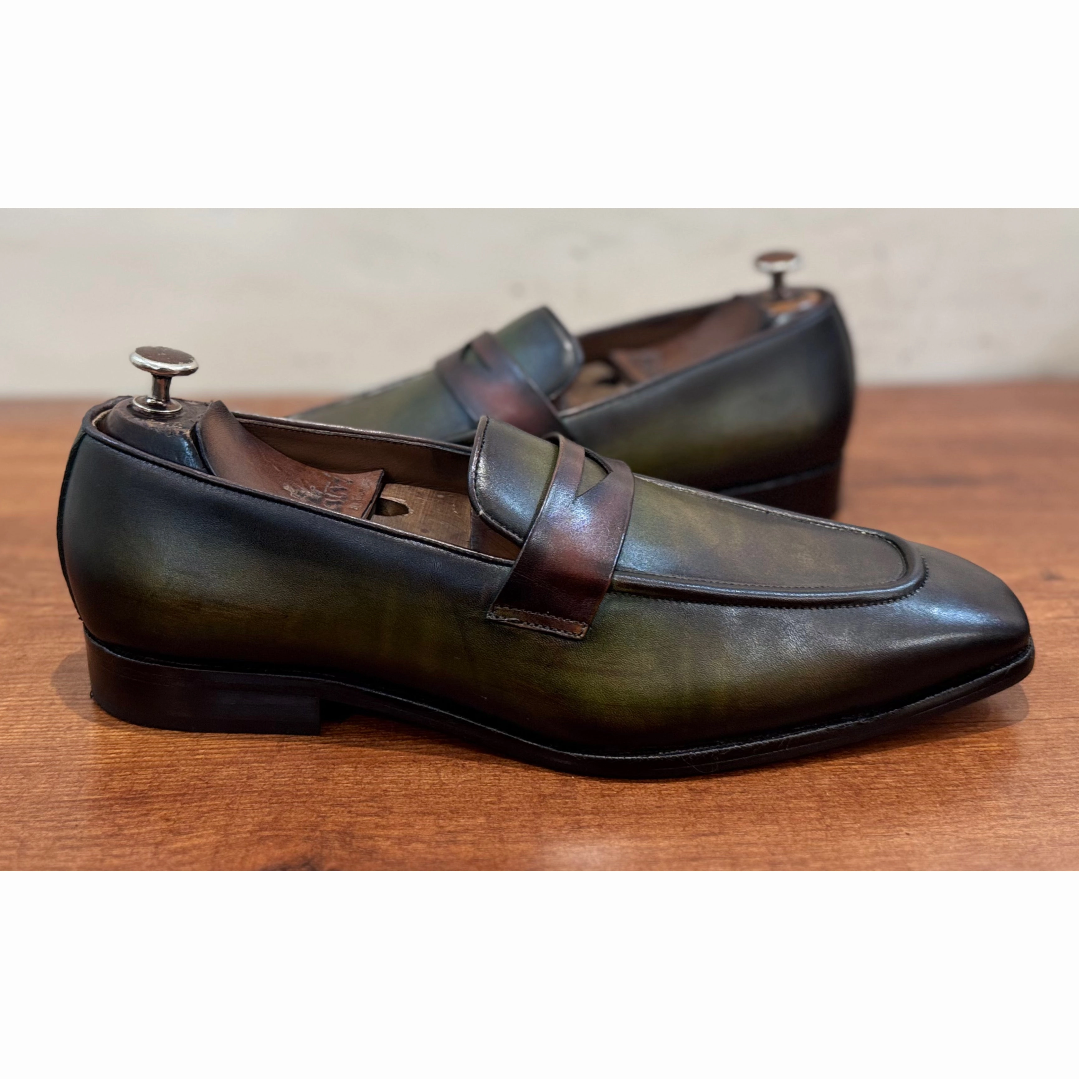 Green Hand Patina Penny Loafers Wedding Loafers