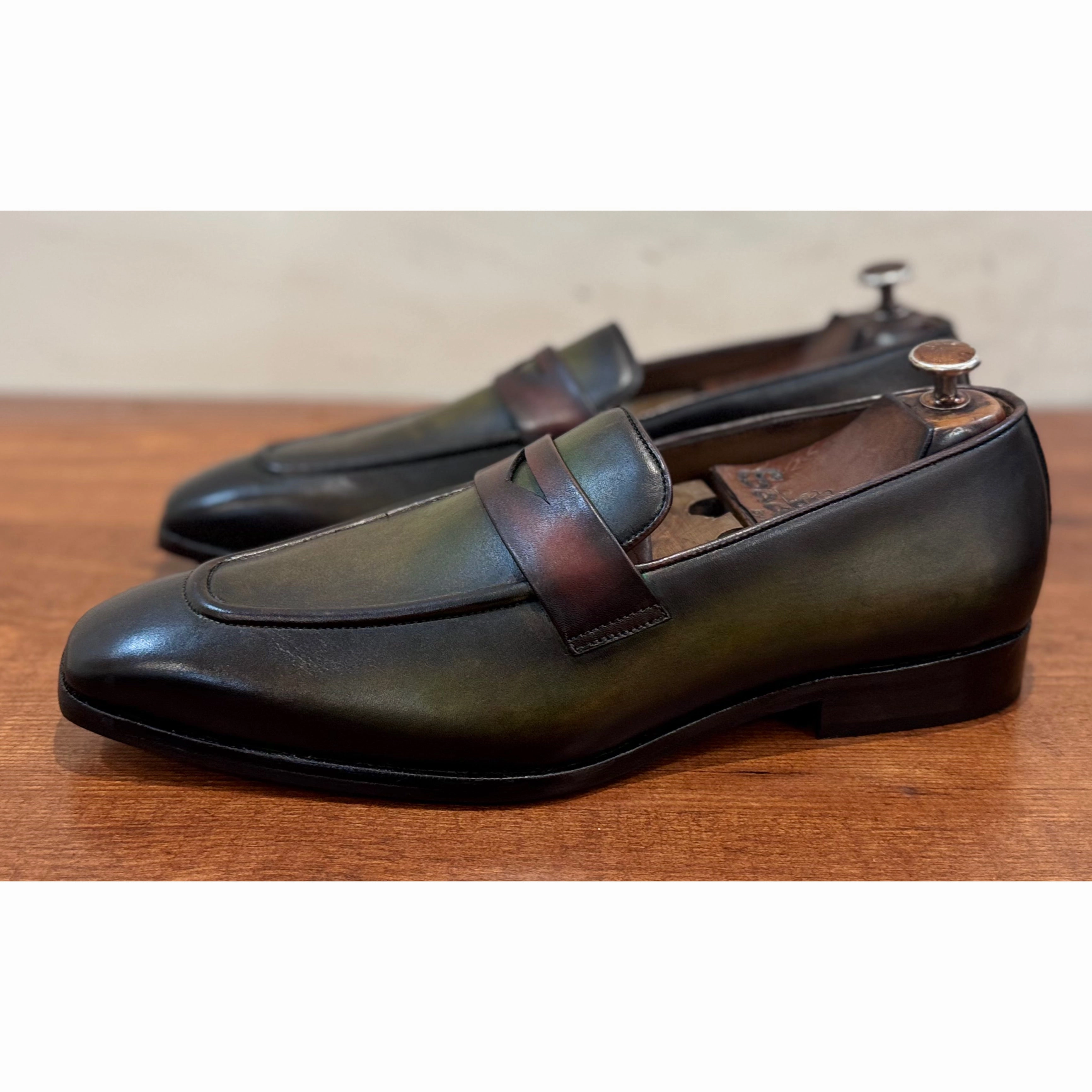 Green Hand Patina Penny Loafers Coach Loafers