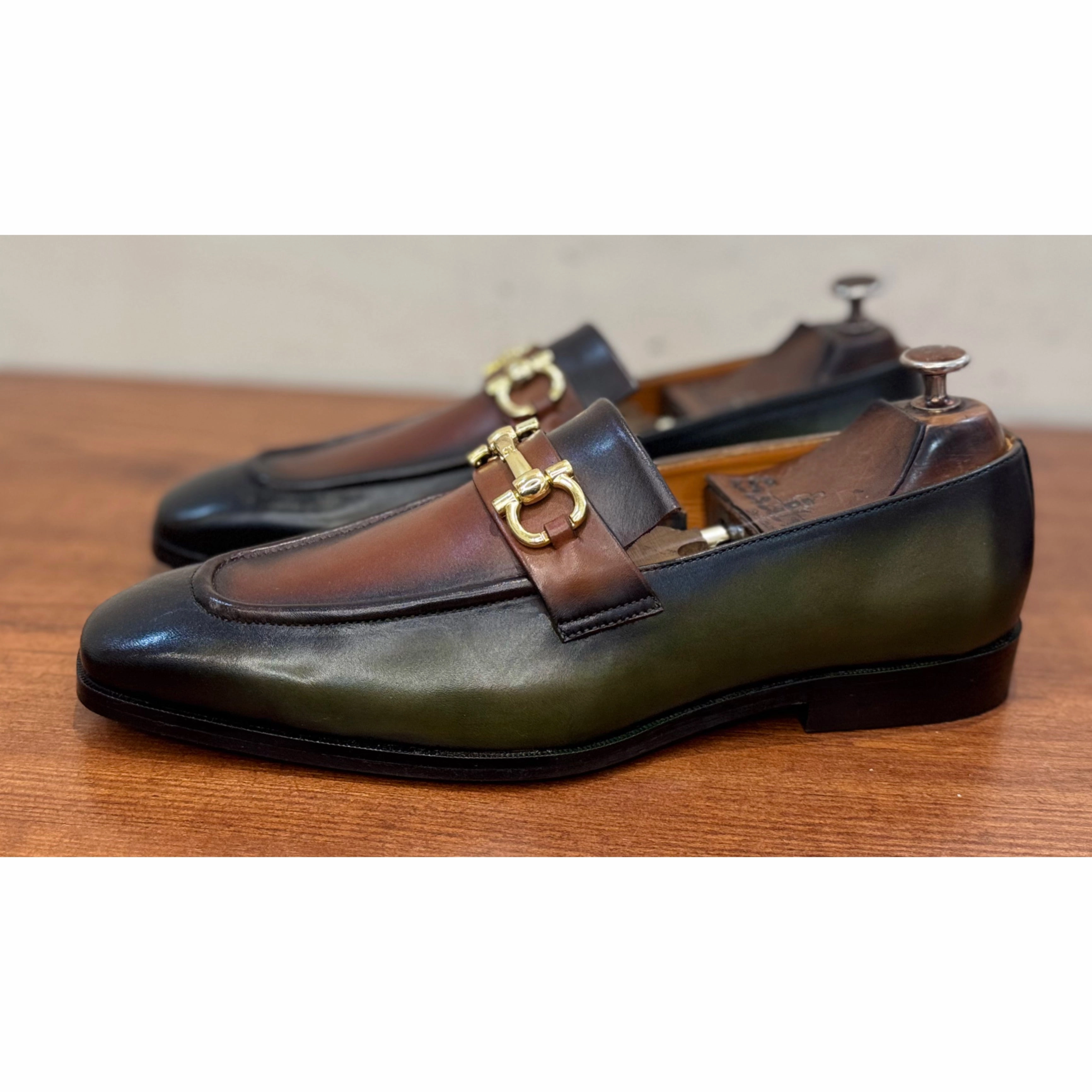 Green Tan Hand Patina Loafers Ruched Loafers In Leather