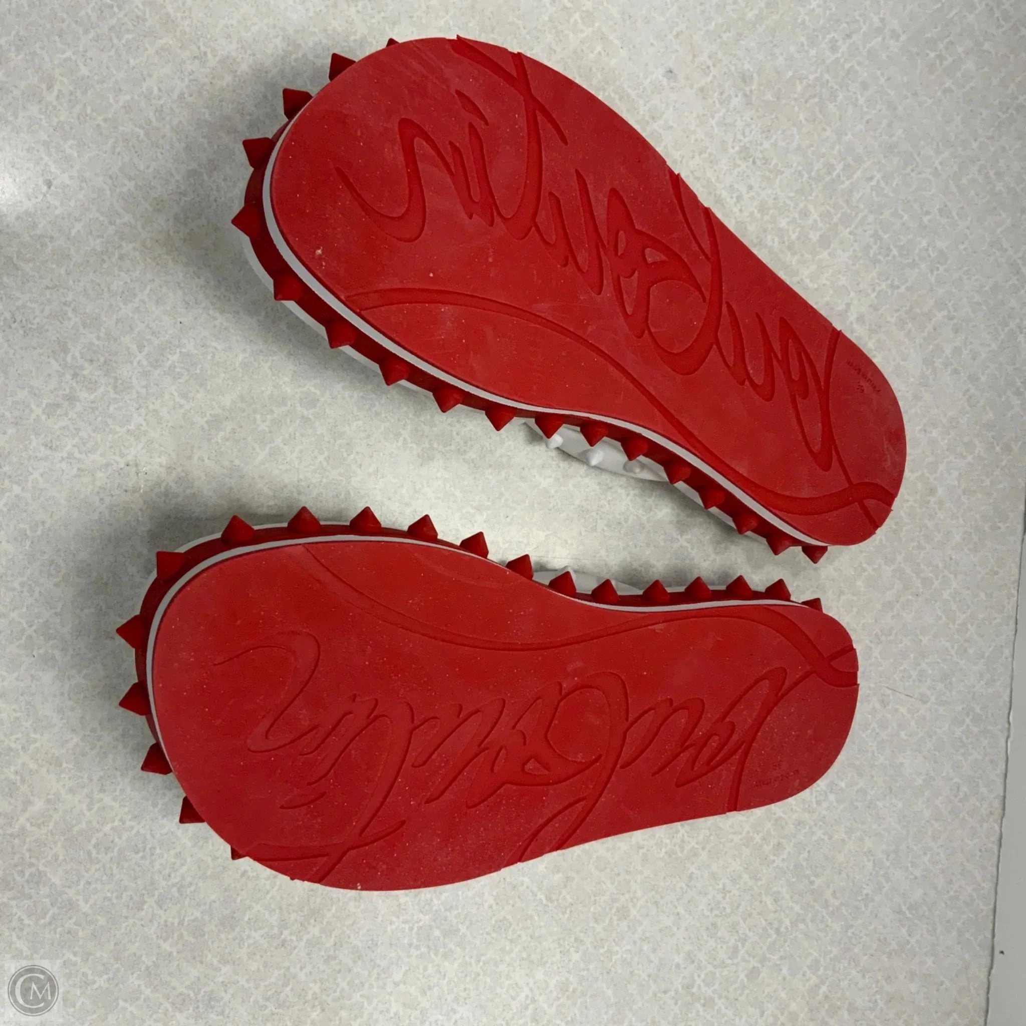 Cactus Flip Flops Sandals Luxury Designer By Christian Louboutin In Red & White, Size: 9