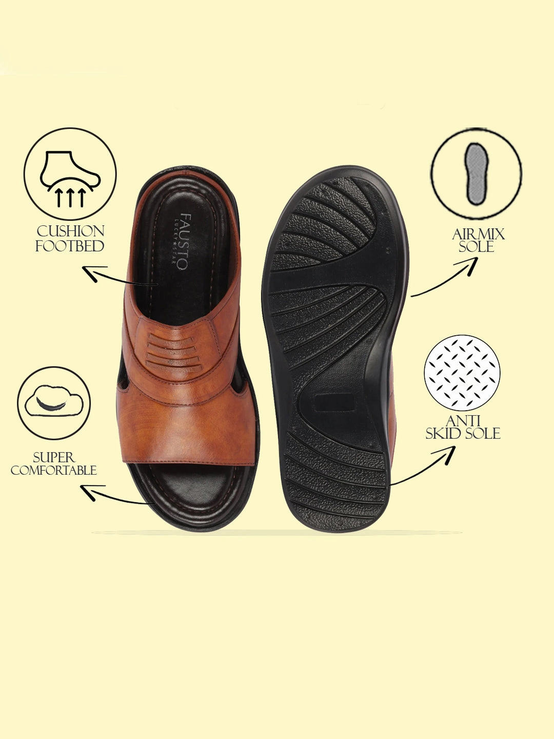 Men Tan Daily Indoor Outdoor Comfort Stitched Design Open Toe Slip On Slipper World's Softest Slippers