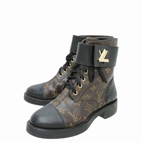 Louis Vuitton Monogram Black Wonderland Flat Ranger Boot 36.5 Flat Court Shoes
