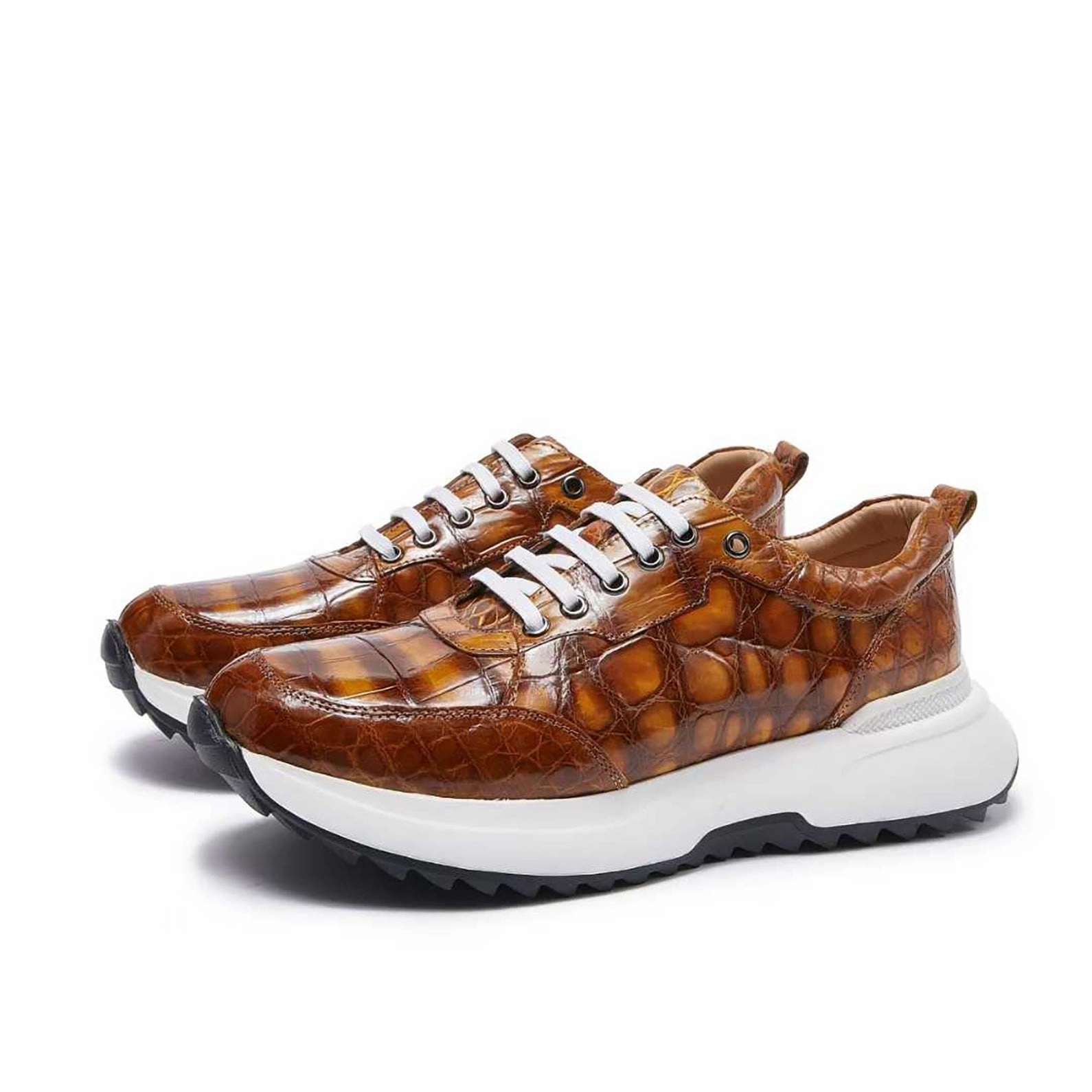 Handmade Alligator Sneakers for Men  Rich Cognac Patina with Rubber Sole and Exotic Texture Sneakers Slip On Rhinestones