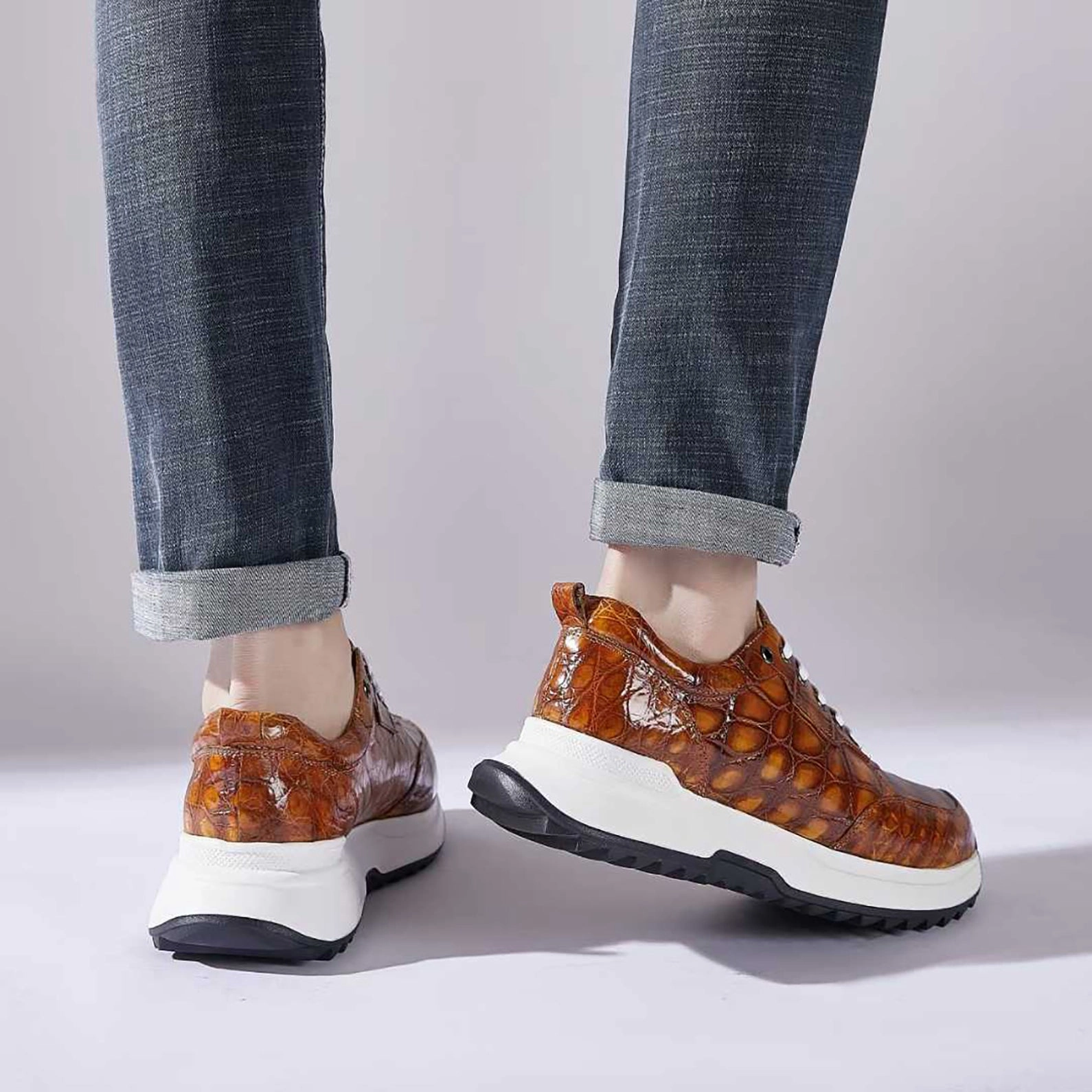 Asics Running Sneakers Handmade Alligator Sneakers for Men  Rich Cognac Patina with Rubber Sole and Exotic Texture