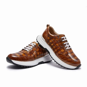 White Designer Sneakers Handmade Alligator Sneakers for Men  Rich Cognac Patina with Rubber Sole and Exotic Texture
