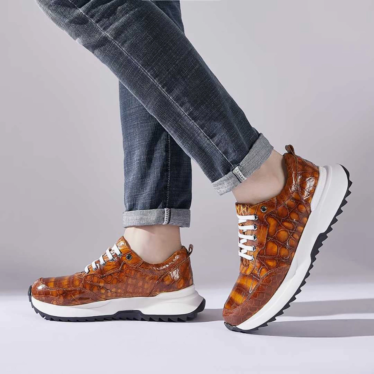 Neon Sneakers Handmade Alligator Sneakers for Men  Rich Cognac Patina with Rubber Sole and Exotic Texture