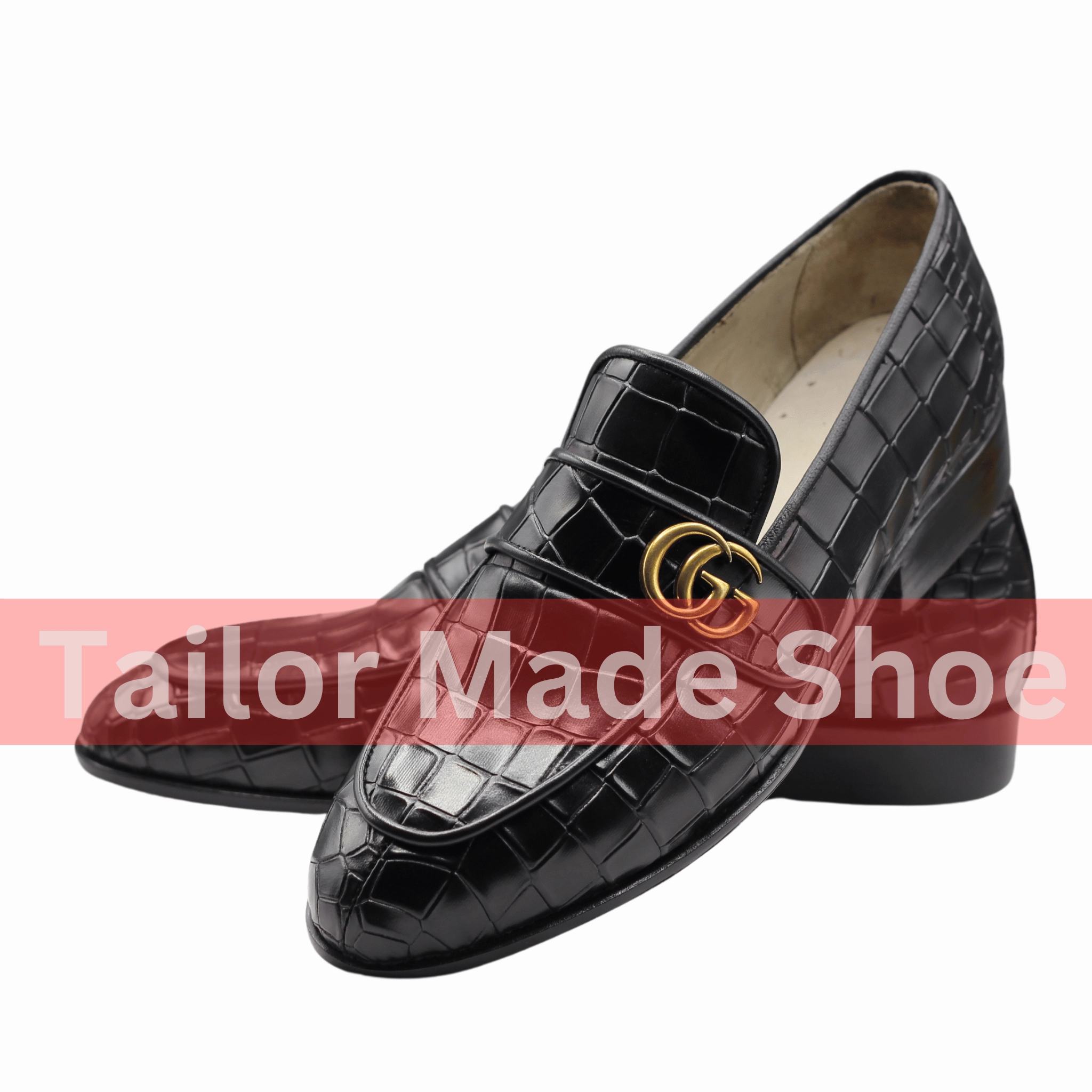 Luxury Black Crocodile-Embossed Loafers with Gold Accent Exclusive Black Crocodile Texture Loafers  Handmade Elegance Loafers Shows