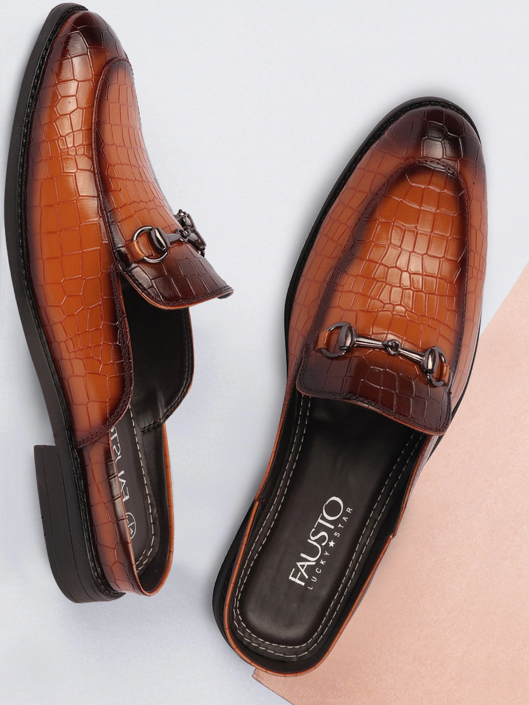 Atmosphere Flat Shoes Men Tan Embossed Leopard Print Design with Horsebit Buckle Ethnic Party Back Open Slip On Mules Shoes