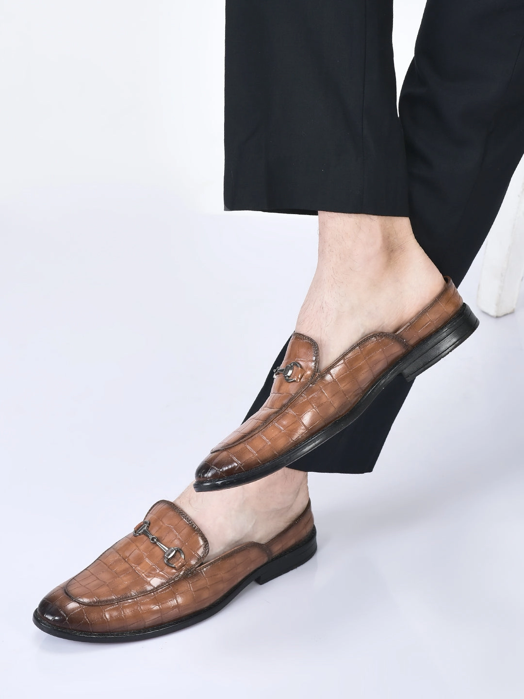 Hill Flat Shoes Men Tan Embossed Leopard Print Design with Horsebit Buckle Ethnic Party Back Open Slip On Mules Shoes