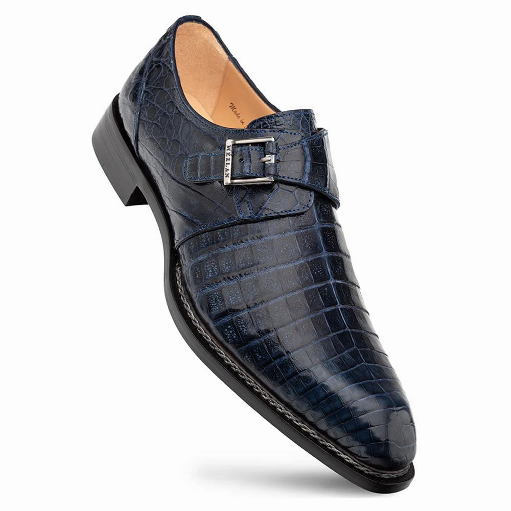 Mezlan Gigolo Blue Crocodile Single Monk-Strap Loafers Loafers Bread Company