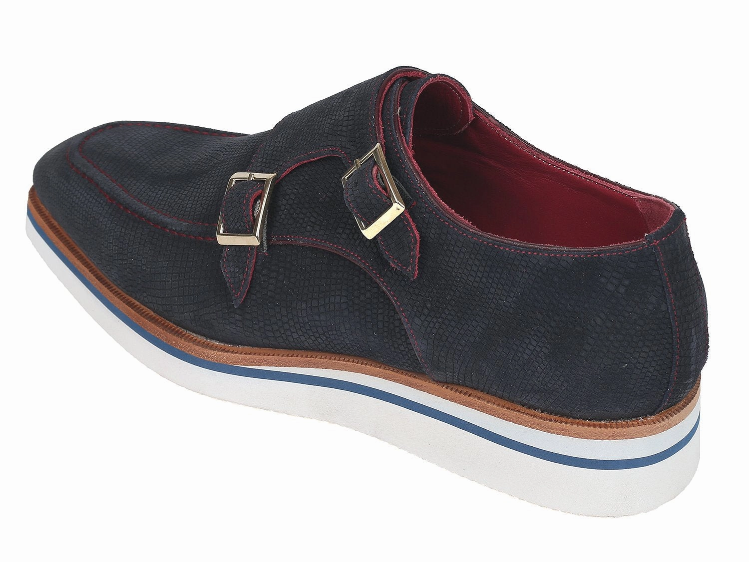 Smart Casual Flat Shoes Paul Parkman Men's Smart Casual Monkstrap Shoes Navy Suede (ID#189-NVY-SD)