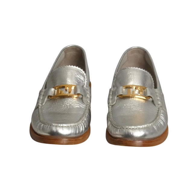 FENDI- 2022 O'Lock Metallic Silver Loafers, Size 39 Trending Loafers