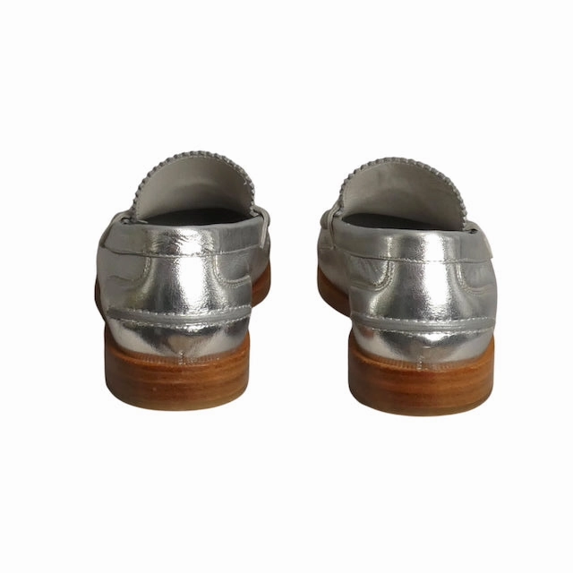 Designer Lug Sole Loafers FENDI- 2022 O'Lock Metallic Silver Loafers, Size 39