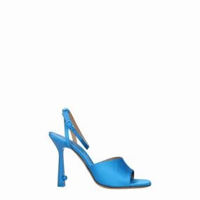 Soccer Slide Sandals Off-White Blue Satin Stiletto Heel Sandals